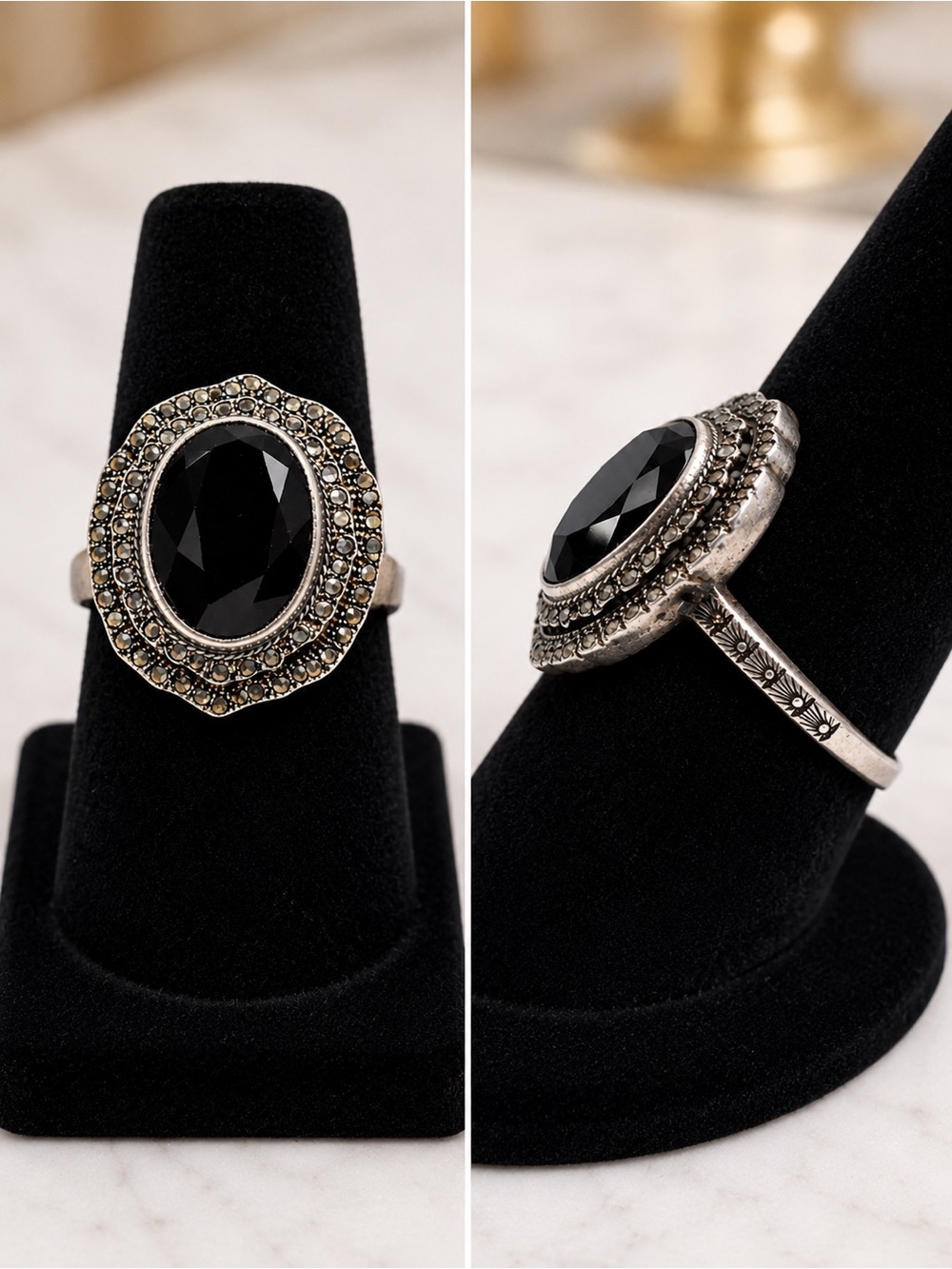 EUC Sterling Silver Hematite & Marcasite Surround Black Center Stone Vtg Ring